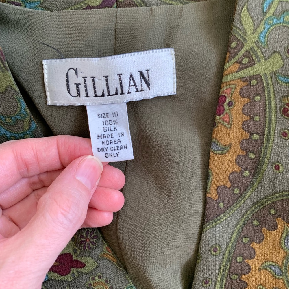 Vintage 80s Olive Green Silk Print Dress 10 Long Sleeve - Picture 8 of 12
